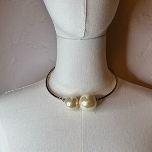 Minimalist Gold Collar Necklace w Double Pearl Statement Choker